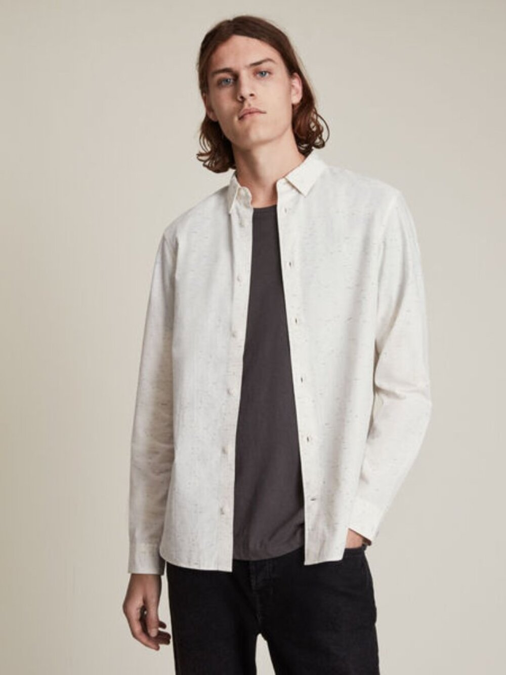 AllSaints Bolivar Ecru Black Nep Slim Fit Button Down Shirt Medium